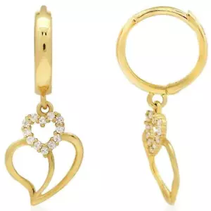 14K Yellow Gold 0.30Ct CZ Heart Huggie Hoop Dangle Earrings - Picture 1 of 3