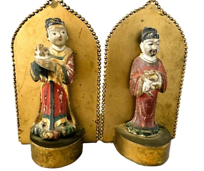 Figuras antiguas de entierro/tumba de madera tallada de la dinastía Qing de sujetalibros chinos sobre latón Foto 1 de 4