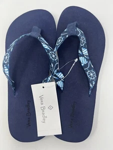 Vera Bradley Shore Enough Flip Flops 5 6 Strap Webbing Navy Blue Small Shoes - Picture 1 of 3