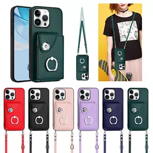 For Samsung Crossbody Strap 7 Cards Leather Wallet Case Ring Holder Phone Cover - Picture 1 of 27