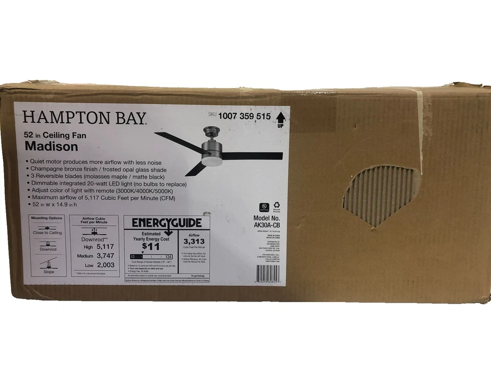 Hampton Bay Madison 52 in. Integrated LED Champagne Bronze Ceiling Fan - Image 1 of 3