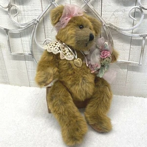 Victorian Teddy Bear 16" Long Jointed Plush Headband & Flowers, Lace Collar VTG - Picture 1 of 7