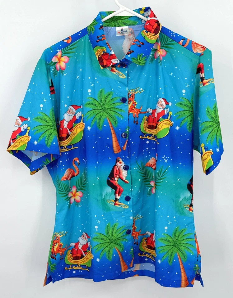 La Leela Shirt Womens M Hawaiian Button Up Christmas Casual Multicolor - Image 1 of 4