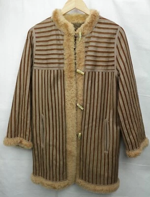 VTG Womens Reversible Shearling Lambskin Coat Patchwork Stripes Brown Toggle  - Image 1 of 4