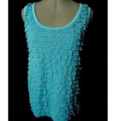 Nwt SLINKY Ruffle Blouse S Blue Scoop neck Tank top Fancy boho T-shirt Summer - Image 1 of 4