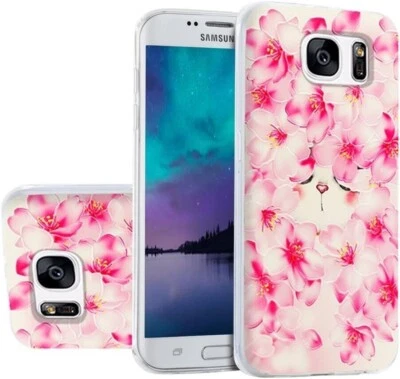 Phone Case for Samsung Galaxy S7 Edge, Pink Flower Cat Floral TPU Bumper Cover — 第 1/2 张图片