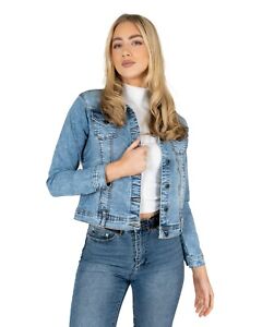Womens Basic Denim Crop Jacket Vintage Wash Look Stretch Full Sleeve Jean Coat