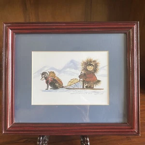 Christina Eid Inuit Art Print Girl On Dog Sled Signed Alaskan Art Print Quamutik - Picture 1 of 12