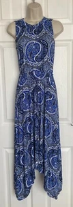 BNWT Oasis Ladies Blue Paisley Print Asymmetric Hem Soft Jersey Dress Size XS - Picture 1 of 4