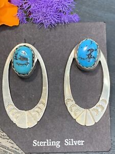 Sterling Silver 925 Fine Gem Blue Turquoise Post Style Pierced Earrings 1 1/2”