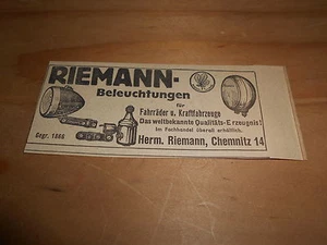 original Werbung Reklame Annonce Riemann Fahrrad Beleuchtung ca. 40er Jahre - Picture 1 of 1
