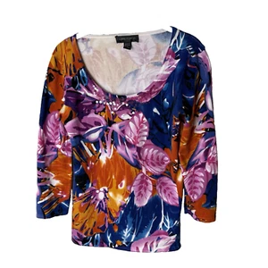 Cable & Gauge Knit Top Size Small 3/4 Sleeves Sequin Neckline Floral Cotton - Picture 1 of 7