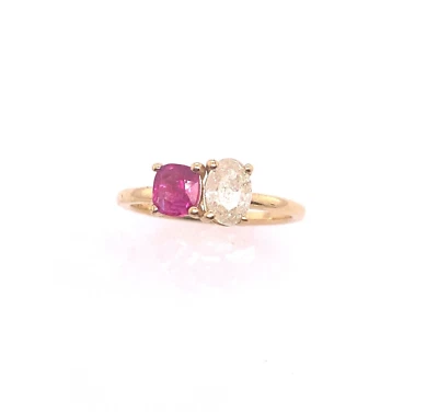 Natural Yellow Oval Diamond 0.62ct&Cushion Shape Ruby Ring, Set In 18ct Gold - Image 1 of 4