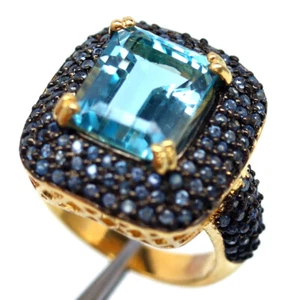 Anillo De Hombre De 925 Plata Con Topacio Azul Cielo Y Zafiro Negro, Talla 7.25 - Imagen 1 de 4