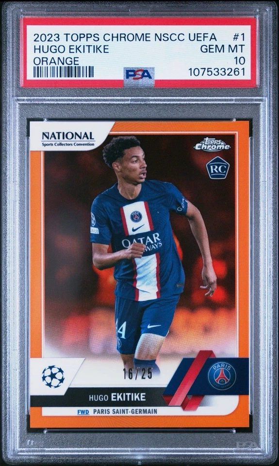 2023 Topps Chrome NSCC UEFA Hugo Ekitike Orange Refractor Rookie Card /25 PSA 10 - Image 1 of 3