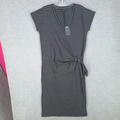 Vestido Lucky Brand para mujer mediano lápiz nudo lateral midi a rayas negro blanco cuello en V Foto 1 de 4