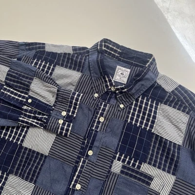 Brooks Brothers 男式 XLarge 纽扣运动衬衫马德拉斯格子拼布蓝色海军蓝 — 第 1/4 张图片