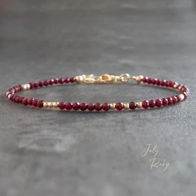 Natural Ruby 2MM Beaded Gemstone Crystal Healing Minimalist Women Bracelet Gifts - Image 1 of 3