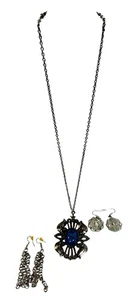 Costume Lot Vintage Silver Necklace & 2 pair Earring Set with faux Turquoise Cen - Picture 1 of 6