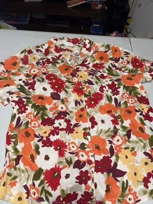 热卖棉女式花卉纽扣衬衫 100% 亚麻美国制造 M 码 — 第 1/3 张图片