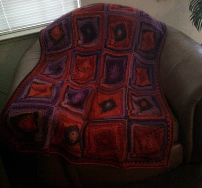 NEW HAND CROCHET RED PURPLE ORANGE MULTI COLOR SQUARES AFGHAN LAP BLANKET THROW - Image 1 of 4