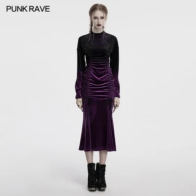 Punk Rave Women Black Violet Gothic Velvet Gradient Long Sleeve Fishtail Dress - Image 1 of 4