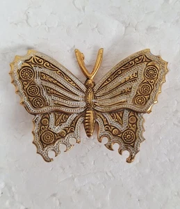 VINTAGE DAMASCENE BUTTERFLY BROOCH Pin Gold Tone Black White Enamel Spain - Picture 1 of 3