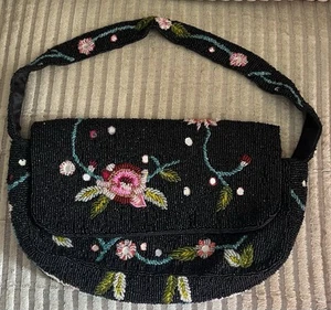 Accessorize Sequin Shoulder Clutch Bag Beaded Floral Black Baguette - Picture 1 of 5
