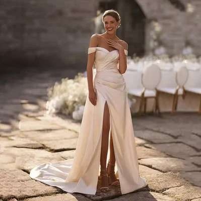 Bohemian Beach Off the Shoulder Wedding Dresses with Side Split A Line Bridal - Image 1 of 4