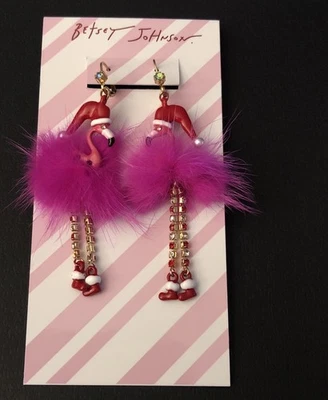 Betsey Johnson Gold Tone & Pink Fluffy Santa Flamingo Drop Earrings Crystal NWT - Image 1 of 4