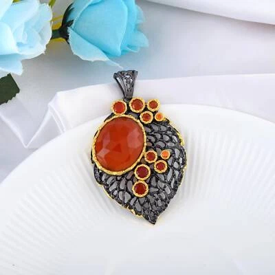 Ciondolo foglia sterling corniola oro argento 925 ciondolo acero rodiato nero - Immagine 1 di 4