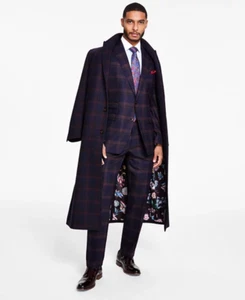 Tayion Collection Men s Classic-Fit Wool Blend Overcoat Plaid Navy Burgundy 36S - Picture 1 of 4