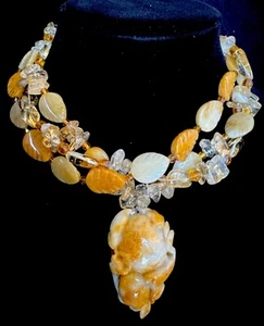 Unique Vintage Handmade Carved Yellow Jade Pendant Citrine Bead Necklace 70s - Picture 1 of 7