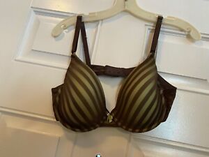 Maidenform Green w brown Sheer striped Overlay Bra Underwire Padded cup 38C