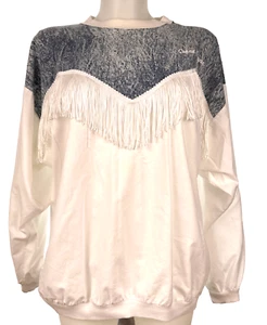 Vintage Caribe Top Women’s Size M White Denim Western Fringe Cowgirl Festival - Picture 1 of 13
