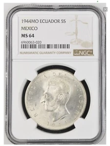 1944MO Ecuador 5 Sucres silver coin NGC MS-64 - Picture 1 of 4