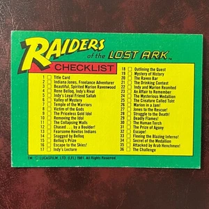 1981 Topps RAIDERS OF THE LOST ARK Set Lista de verificación Tarjeta #88 Sin marcar - Sin precio base Como Nuevo - Imagen 1 de 2