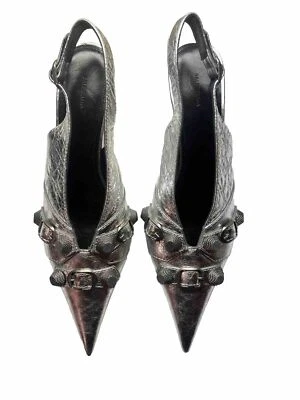 Zapatos de salón BALENCIAGA Cagole punta con cordones cuero plateado nuevos talla 8,5 EE. UU. 38,5 Foto 1 de 4