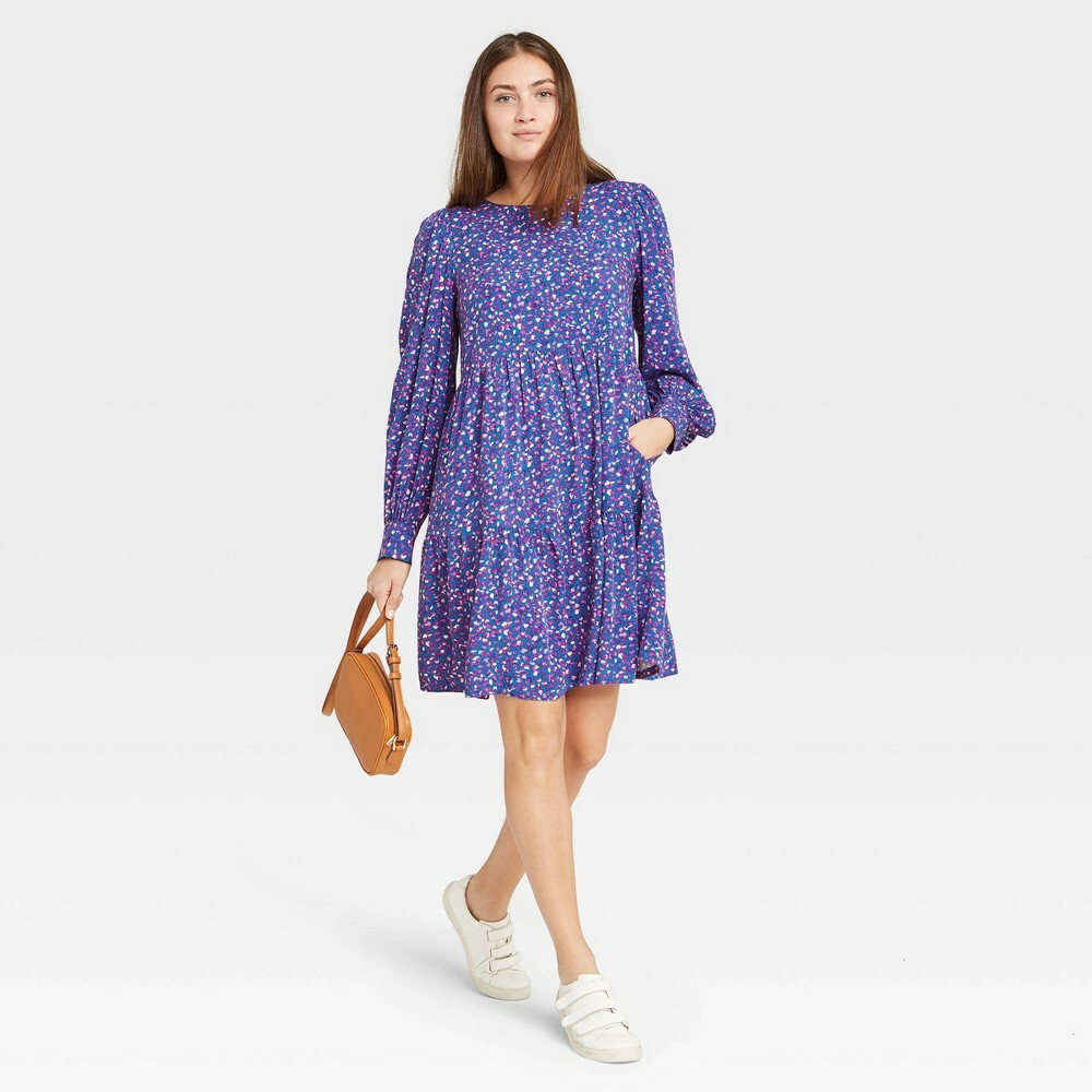 Print Long Sleeve Tiered Babydoll Dress 