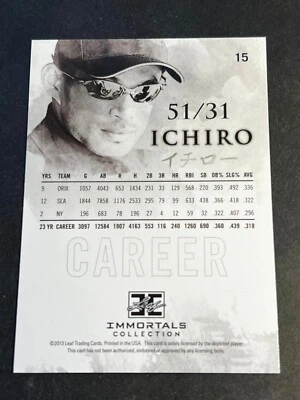 2013 Leaf Ichiro Immortals BLANK FRONT MISSING Serial # Base Card 51/31 #15 - Image 1 of 2