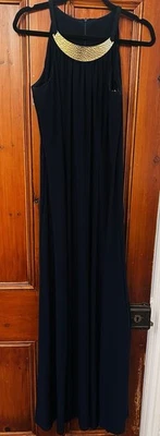 Joseph Ribkoff Navy Evening Gown UK14 Gold Neck Detail Elegant Maxi Dress - Image 1 of 4