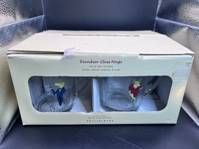 Juego 4 tazas de vidrio Pottery Barn Navidad vacaciones reno café con leche cacao Foto 1 de 4