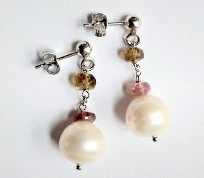 Orecchini pendenti in argento 925 con  perle bianche barocche tormaline naturali - Immagine 1 di 4