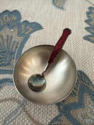 Meka Denmark Silver Plate Salt And Guillochet Enamel Spoon - Image 1 of 4