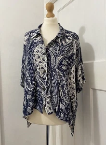 Rare Vintage 80s Early Karen Millen Navy White Paisley Shirt Short Sleeves 14-16 - Picture 1 of 20