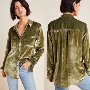 Anthropologie Maeve “Karina” Green Crushed Velvet Blouse Distressed Hem Grunge 4 - Picture 1 of 9