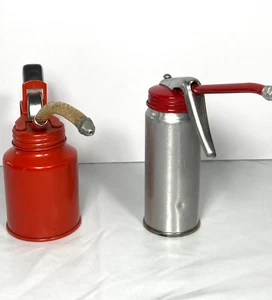 Metal Pump Oil Cans Small Red and Silver Used lot of 2 - Picture 1 of 4