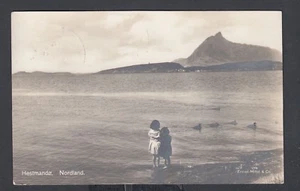 NORWAY 1930s HESTMANDO BEACH REAL PHOTO POSTCARD NORDKAP TO NEW YORK USA - Picture 1 of 2