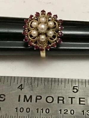 14 K Yellow Gold Dome Ring Ruby???  Pearl - Image 1 of 4