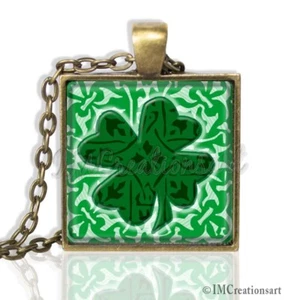 Celtic Style Shamrock St. Patrick's Day SQUARE Glass Pendant Necklace Jewelry - Picture 1 of 7